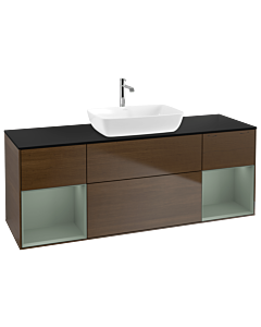 Villeroy und Boch Finion Waschtischunterschrank G862GMGN 160cm, Abdeckplatte black matt, Emotion, Regale Olive matt lacquer, Walnut veneer