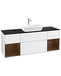 Villeroy und Boch Finion Waschtischunterschrank G862GNGF 160cm, Abdeckplatte black matt, Emotion, Regale Walnut Veneer, Glossy white lacquer