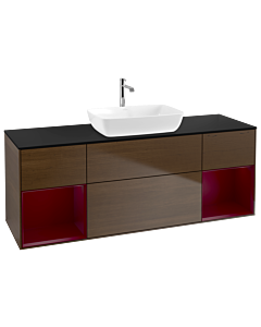 Villeroy und Boch Finion Waschtischunterschrank G862HBGN 160cm, Abdeckplatte black matt, Emotion, Regale Peony matt lacquer, Walnut veneer