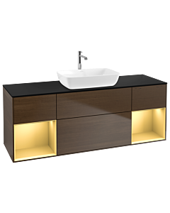 Villeroy und Boch Finion Waschtischunterschrank G862HFGN 160cm, Abdeckplatte black matt, Emotion, Regale Gold matt lacquer, Walnut veneer