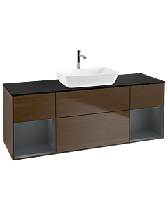 Villeroy und Boch Finion Waschtischunterschrank G862HGGN 160cm, Abdeckplatte black matt, Emotion, Regale Midnight matt lacquer, Walnut veneer