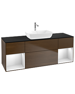 Villeroy und Boch Finion Waschtischunterschrank G862MTGN 160cm, Abdeckplatte black matt, Emotion, Regale White matt lacquer, Walnut veneer