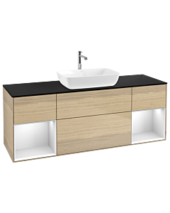 Villeroy und Boch Finion Waschtischunterschrank G862MTPC 160cm, Abdeckplatte black matt, Emotion, Regale White matt lacquer, Oak Veneer
