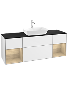 Villeroy und Boch Finion Waschtischunterschrank G862PCGF 160cm, Abdeckplatte black matt, Emotion, Regale Oak Veneer, Glossy white lacquer