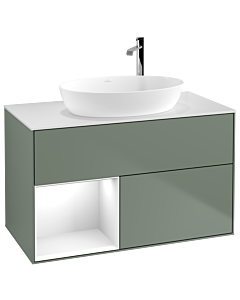 Villeroy und Boch Finion Villeroy und Boch G891GFGM 100cm, plaque de recouvrement blanc mat, emotion, étagères laqué blanc brillant, Olive Matt Lacquer