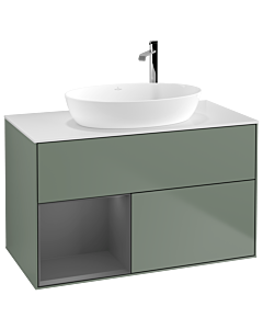 Villeroy und Boch Finion Villeroy und Boch G891GKGM 100cm, plaque de recouvrement blanc mat, Emotion, étagères laqué anthracite mat, Olive Matt Lacquer