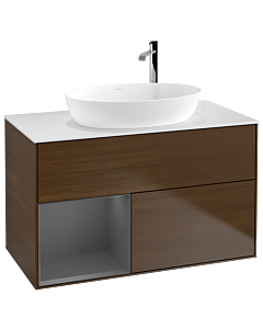 Villeroy und Boch Finion Waschtischunterschrank G891GKGN 100cm, Abdeckplatte white matt, Emotion, Regale Anthracite matt lacquer, Walnut veneer