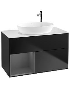 Villeroy und Boch Finion Waschtischunterschrank G891GKPD 100cm, Abdeckplatte white matt, Emotion, Regale Anthracite matt lacquer, Black matt lacquer