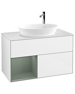 Villeroy und Boch Finion Villeroy und Boch G891GMGF 100cm, plaque de recouvrement blanc mat, Emotion, étagères laqué olive mat, laqué blanc brillant