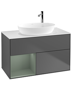 Villeroy und Boch Finion Waschtischunterschrank G891GMGK 100cm, Abdeckplatte white matt, Emotion, Regale Olive matt lacquer, Anthracite matt