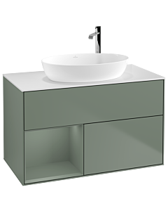 Villeroy und Boch Finion Waschtischunterschrank G891GMGM 100cm, Abdeckplatte white matt, Emotion, Regale Olive matt lacquer, Olive Matt Lacquer