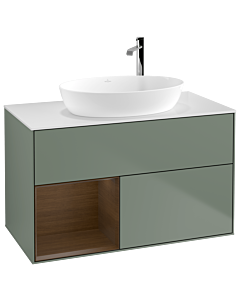 Villeroy und Boch Finion Villeroy und Boch G891GNGM 100cm, plaque de recouvrement blanc mat, emotion, étagères Walnut Veneer , Olive Matt Lacquer