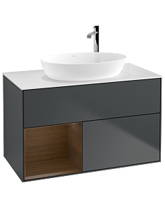 Villeroy und Boch Finion Waschtischunterschrank G891GNHG 100cm, Abdeckplatte white matt, Emotion, Regale Walnut Veneer, Midnight Blue Matt Lacquer