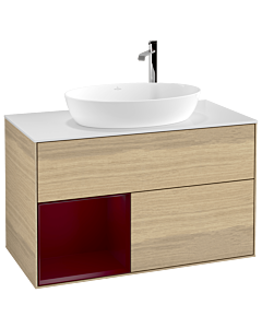 Villeroy und Boch Finion Villeroy und Boch G891HBPC 100cm, plaque de recouvrement blanc mat, Emotion, étagères Peony laqué mat, Oak Veneer