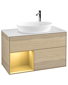 Villeroy und Boch Finion Waschtischunterschrank G891HFPC 100cm, Abdeckplatte white matt, Emotion, Regale Gold matt lacquer, Oak Veneer
