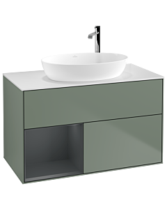 Villeroy und Boch Finion Waschtischunterschrank G891HGGM 100cm, Abdeckplatte white matt, Emotion, Regale Midnight matt lacquer, Olive Matt Lacquer