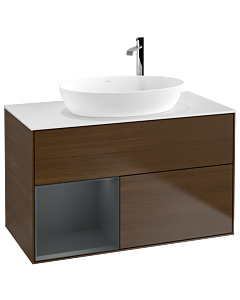 Villeroy und Boch Finion Villeroy und Boch G891HGGN 100cm, plaque de recouvrement blanc mat, Emotion, étagères Laque mate minuit, placage noyer