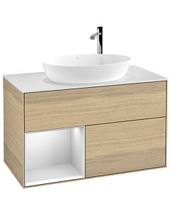 Villeroy und Boch Finion Waschtischunterschrank G891MTPC 100cm, Abdeckplatte white matt, Emotion, Regale White matt lacquer, Oak Veneer