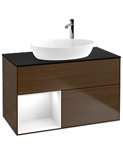 Villeroy und Boch Finion Villeroy und Boch Finion G892GFGN 100cm, cover plate black matt, Emotion, shelves Glossy white lacquer, walnut veneer