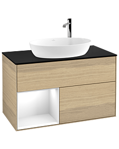 Villeroy und Boch Finion Waschtischunterschrank G892GFPC 100cm, Abdeckplatte black matt, Emotion, Regale Glossy white lacquer, Oak Veneer