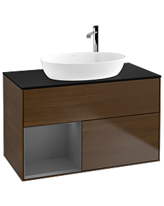 Villeroy und Boch Finion Waschtischunterschrank G892GKGN 100cm, Abdeckplatte black matt, Emotion, Regale Anthracite matt lacquer, Walnut veneer