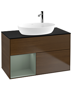 Villeroy und Boch Finion Villeroy und Boch G892GMGN 100cm, plaque de recouvrement noire mate, Emotion, étagères laquées olive, placage noyer