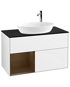 Villeroy und Boch Finion Waschtischunterschrank G892GNGF 100cm, Abdeckplatte black matt, Emotion, Regale Walnut Veneer, Glossy white lacquer