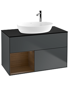 Villeroy und Boch Finion Waschtischunterschrank G892GNHG 100cm, Abdeckplatte black matt, Emotion, Regale Walnut Veneer, Midnight Blue Matt Lacquer