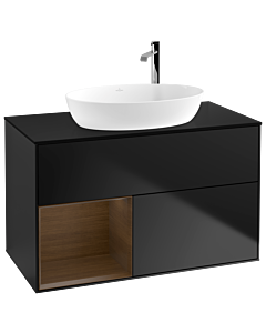 Villeroy und Boch Finion Waschtischunterschrank G892GNPD 100cm, Abdeckplatte black matt, Emotion, Regale Walnut Veneer, Black matt lacquer