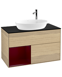 Villeroy und Boch Finion Waschtischunterschrank G892HBPC 100cm, Abdeckplatte black matt, Emotion, Regale Peony matt lacquer, Oak Veneer