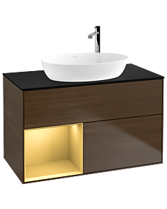 Villeroy und Boch Finion Villeroy und Boch Finion G892HFGN 100cm, cover plate black matt, Emotion, shelves gold matt lacquer, walnut veneer