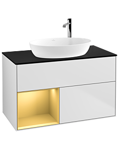 Villeroy und Boch Finion Waschtischunterschrank G892HFMT 100cm, Abdeckplatte black matt, Emotion, Regale Gold matt lacquer, White matt lacquer