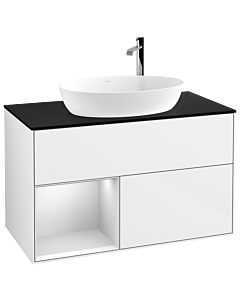 Villeroy und Boch Finion Waschtischunterschrank G892MTGF 100cm, Abdeckplatte black matt, Emotion, Regale White matt lacquer, Glossy white lacquer
