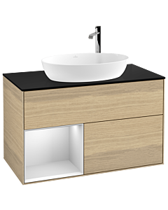 Villeroy und Boch Finion Waschtischunterschrank G892MTPC 100cm, Abdeckplatte black matt, Emotion, Regale White matt lacquer, Oak Veneer
