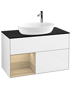 Villeroy und Boch Finion Waschtischunterschrank G892PCGF 100cm, Abdeckplatte black matt, Emotion, Regale Oak Veneer, Glossy white lacquer