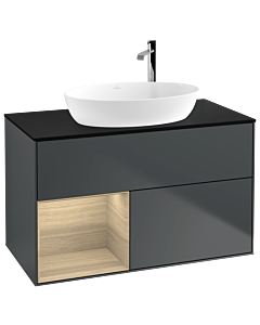 Villeroy und Boch Finion Waschtischunterschrank G892PCHG 100cm, Abdeckplatte black matt, Emotion, Regale Oak Veneer, Midnight Blue Matt Lacquer