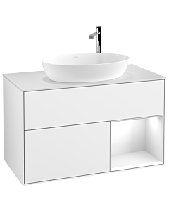 Villeroy und Boch Finion Waschtischunterschrank G901GFGF 100cm, Abdeckplatte white matt, Emotion, Regale Glossy white lacquer, Glossy white lacquer