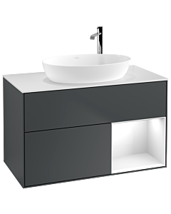 Villeroy und Boch Finion Waschtischunterschrank G901GFHG 100cm, Abdeckplatte white matt, Emotion, Regale Glossy white lacquer, Midnight Blue Matt Lacquer
