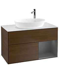 Villeroy und Boch Finion Waschtischunterschrank G901GKGN 100cm, Abdeckplatte white matt, Emotion, Regale Anthracite matt lacquer, Walnut veneer
