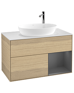 Villeroy und Boch Finion Villeroy und Boch G901GKPC 100cm, plaque de recouvrement blanc mat, Emotion, étagères laqué mat anthracite, Oak Veneer