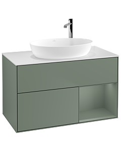 Villeroy und Boch Finion Waschtischunterschrank G901GMGM 100cm, Abdeckplatte white matt, Emotion, Regale Olive matt lacquer, Olive Matt Lacquer