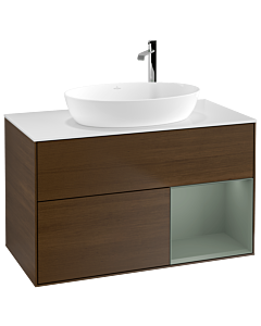 Villeroy und Boch Finion Waschtischunterschrank G901GMGN 100cm, Abdeckplatte white matt, Emotion, Regale Olive matt lacquer, Walnut veneer