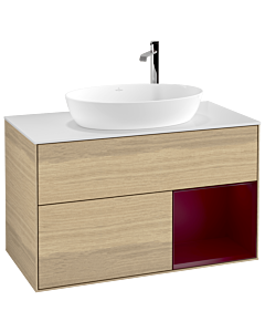 Villeroy und Boch Finion Villeroy und Boch G901HBPC 100cm, plaque de recouvrement blanc mat, Emotion, étagères Peony laqué mat, Oak Veneer