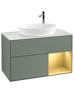 Villeroy und Boch Finion Villeroy und Boch G901HFGM 100cm, plaque de recouvrement blanc mat, Emotion, étagères laqué mat or, Olive Matt Lacquer