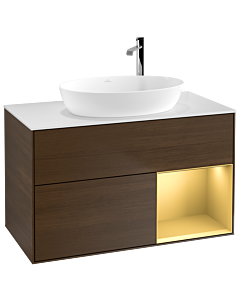 Villeroy und Boch Finion Waschtischunterschrank G901HFGN 100cm, Abdeckplatte white matt, Emotion, Regale Gold matt lacquer, Walnut veneer