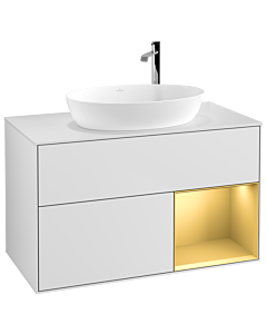 Villeroy und Boch Finion Villeroy und Boch G901HFMT 100cm, plaque de recouvrement blanc mat, Emotion, étagères laqué or mat, laqué blanc mat