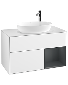 Villeroy und Boch Finion Waschtischunterschrank G901HGGF 100cm, Abdeckplatte white matt, Emotion, Regale Midnight matt lacquer, Glossy white lacquer