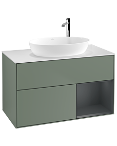 Villeroy und Boch Finion Waschtischunterschrank G901HGGM 100cm, Abdeckplatte white matt, Emotion, Regale Midnight matt lacquer, Olive Matt Lacquer