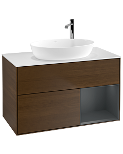 Villeroy und Boch Finion Waschtischunterschrank G901HGGN 100cm, Abdeckplatte white matt, Emotion, Regale Midnight matt lacquer, Walnut veneer