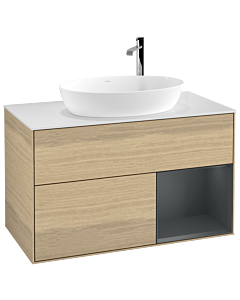 Villeroy und Boch Finion Villeroy und Boch G901HGPC 100cm, plaque de recouvrement blanc mat, Emotion, étagères laqué mat Midnight, Oak Veneer